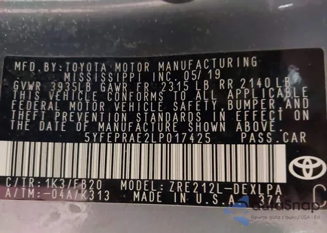 2020 Toyota Corolla Le z USA, uszkodzony, nr VIN 5YFEPRAE2LP017425